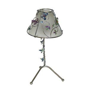 Metal Candle Holder Stand w/ Frosted Glass Chimney and Rhinestone Crystals 10"